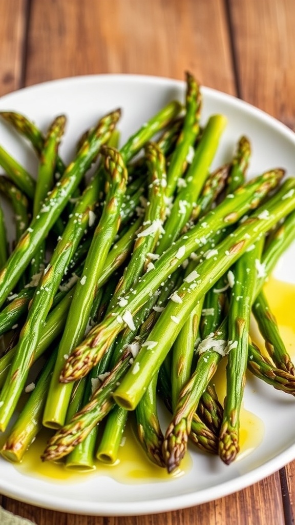 Crispy Air Fryer Asparagus Recipe Crispy air fryer asparagus garnished with Parmesan cheese on a rustic wooden table.